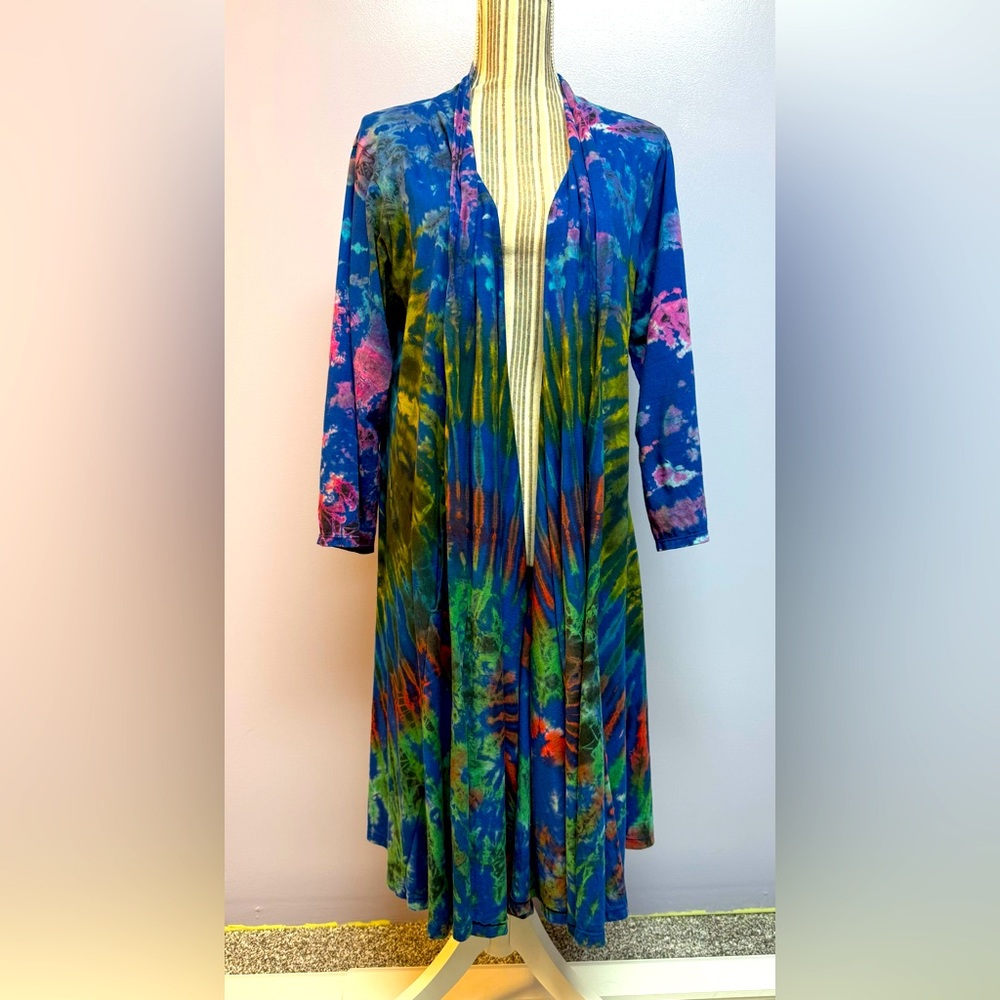Kathmandu Blue and Pink multi colored Tie-Dye long Cardigan duster L